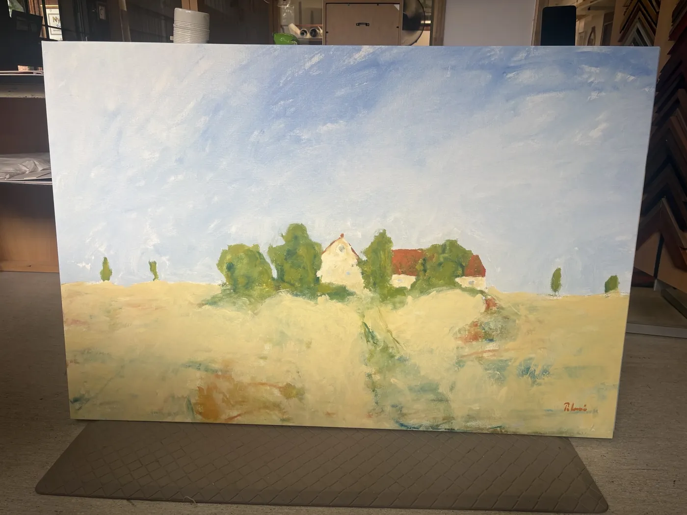 Oljemålning – sommarlandskap med gård och träd, till salu i galleriet